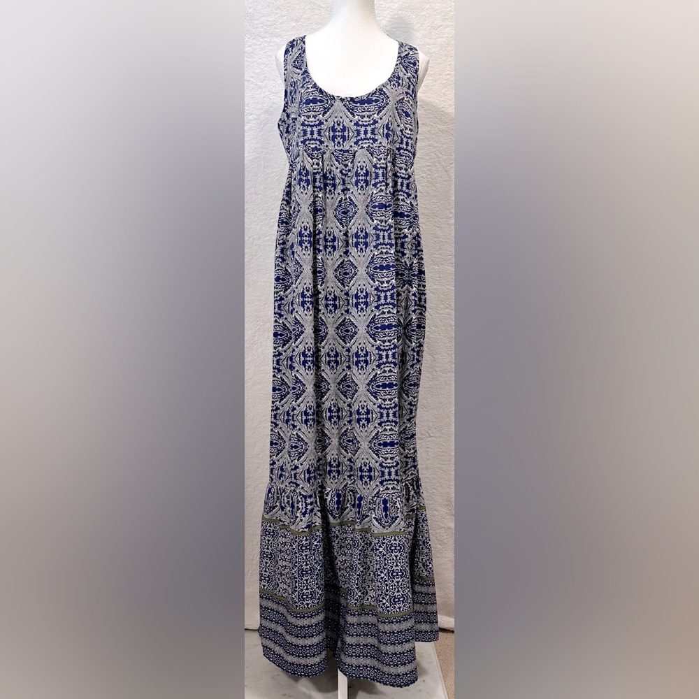 MANGO maxi long dress blue white pattern lightweight sleeveless racerback flowy